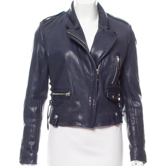 Barbara Bui Blue Lace Up Leather Motorcycle Jacket